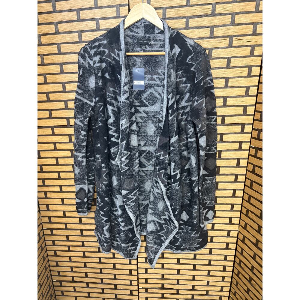 Lucky Brand Gray Aztec Print Cascade Front Cardigan Size Medium